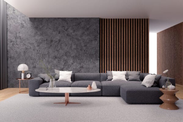 Sala com móveis, cores e texturas da decoração contemporânea.