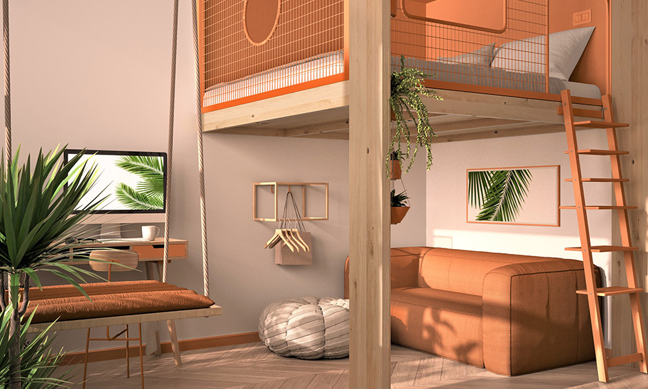 Cama no alto em quarto laranja minimalsita.