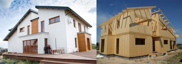 Antes de depois de uma casa construída com estrutura de madeira.