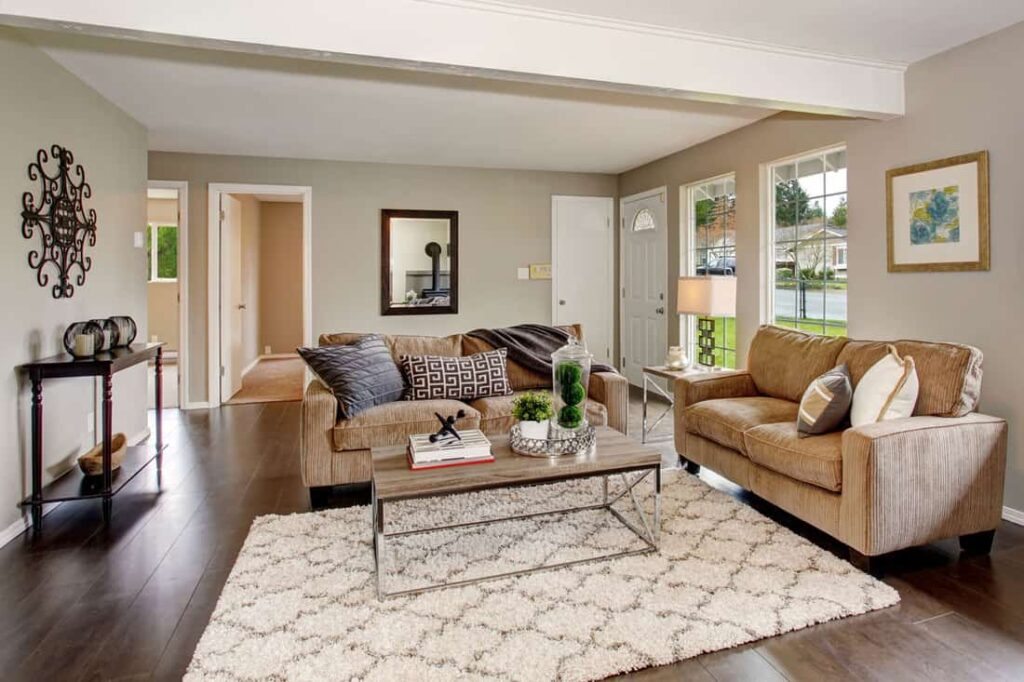 Sala de estar com tapete que contrasta com piso de madeira.